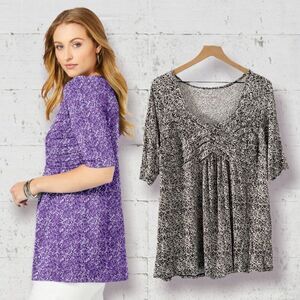 JESSICA LONDON | Pleated Tunic Elbow Length Sleeves Stretchy Gray Abstract 12